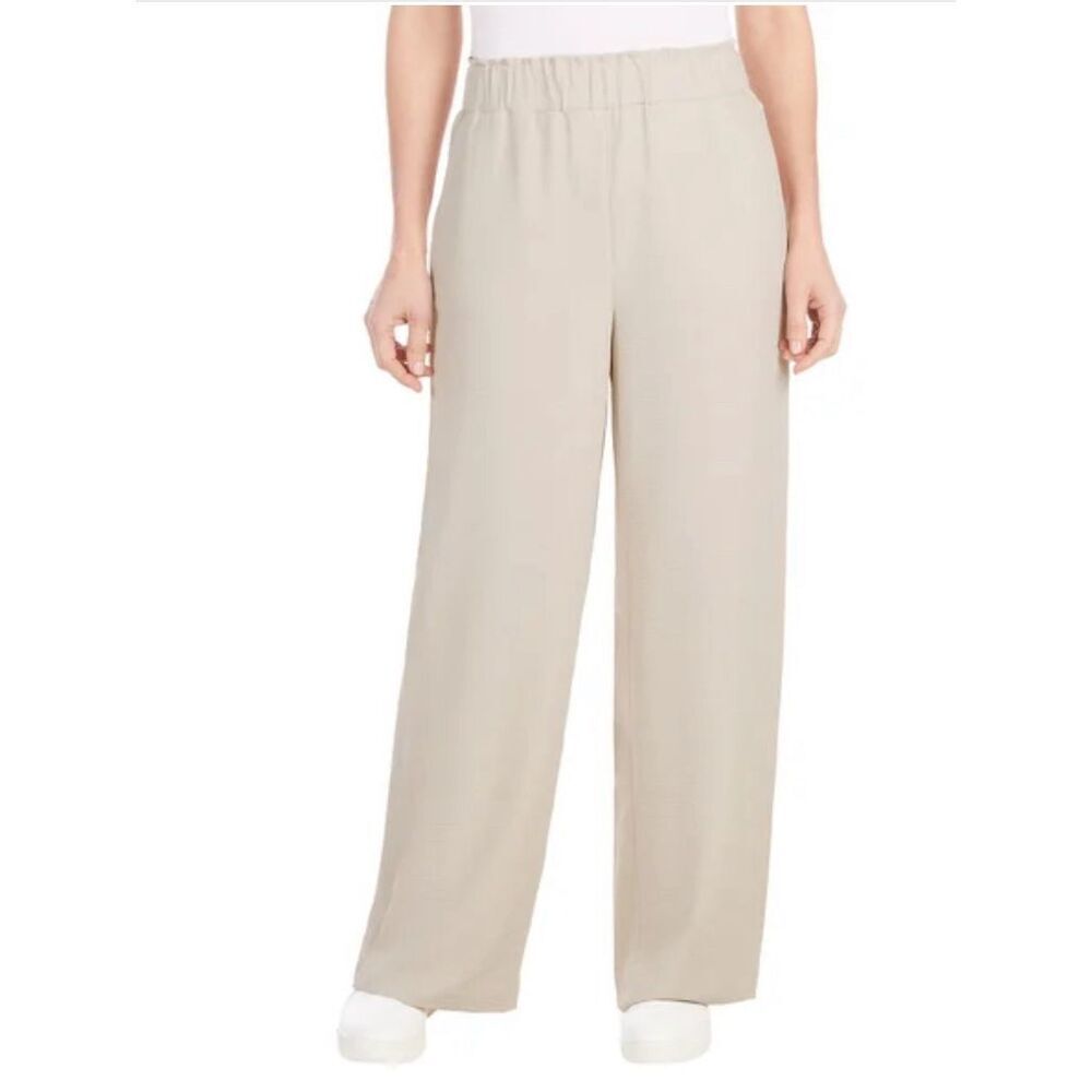 HILARY RADLEY Wide Leg High Rise Pant Large Tan Pull-on Pockets Crinkle‎ NWT